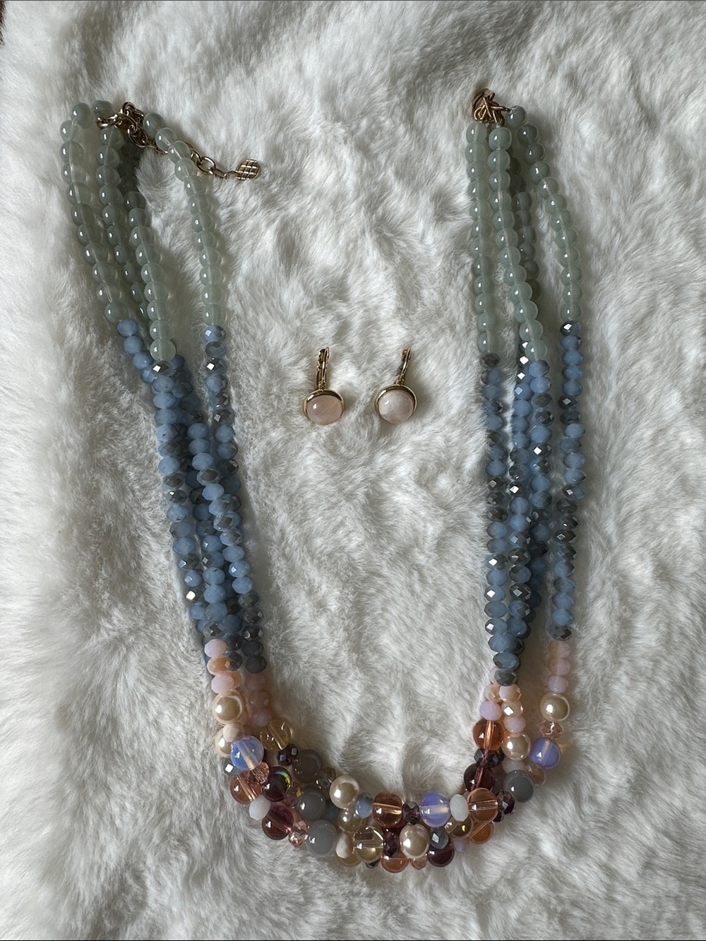Multi-Strand Pastel Blue and Pink Beaded Necklace with Matching Earrings